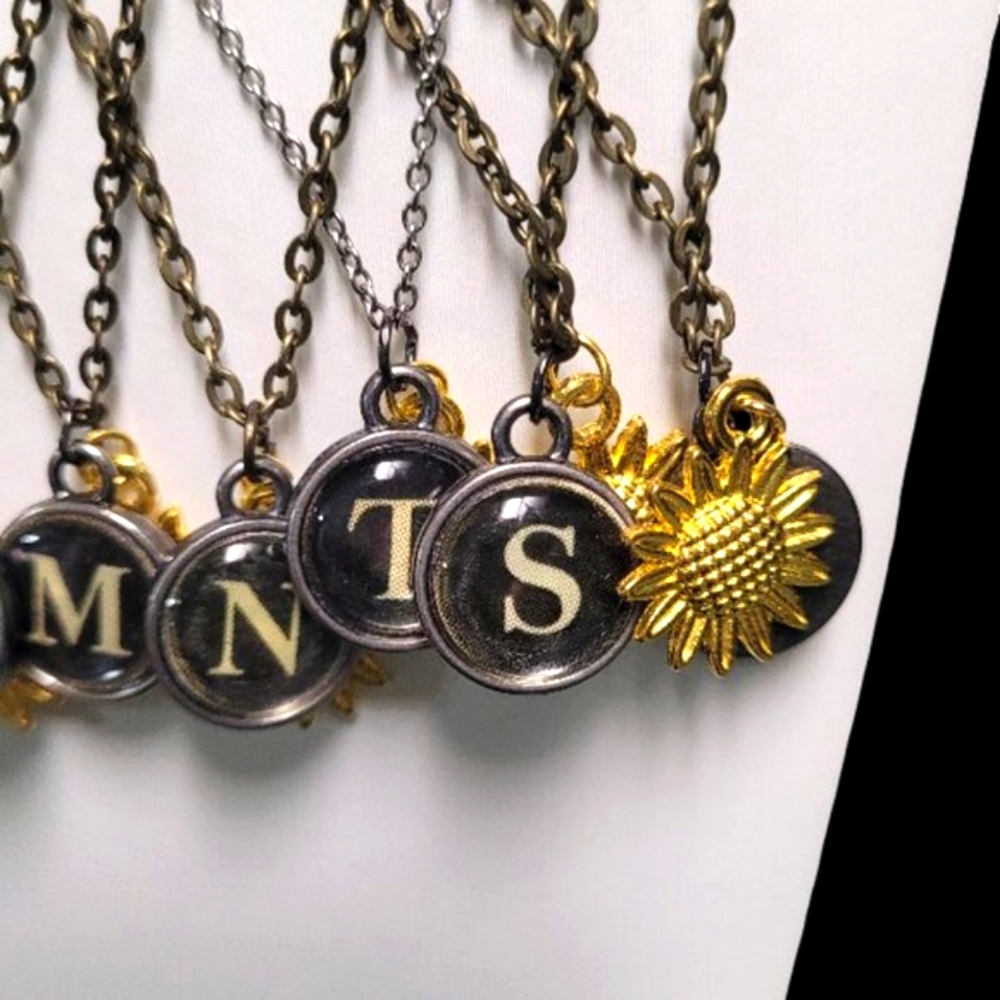 Vintage Typewriter Key Initials (Tim Holtz) Gold Plated Sunflower Charm Necklace